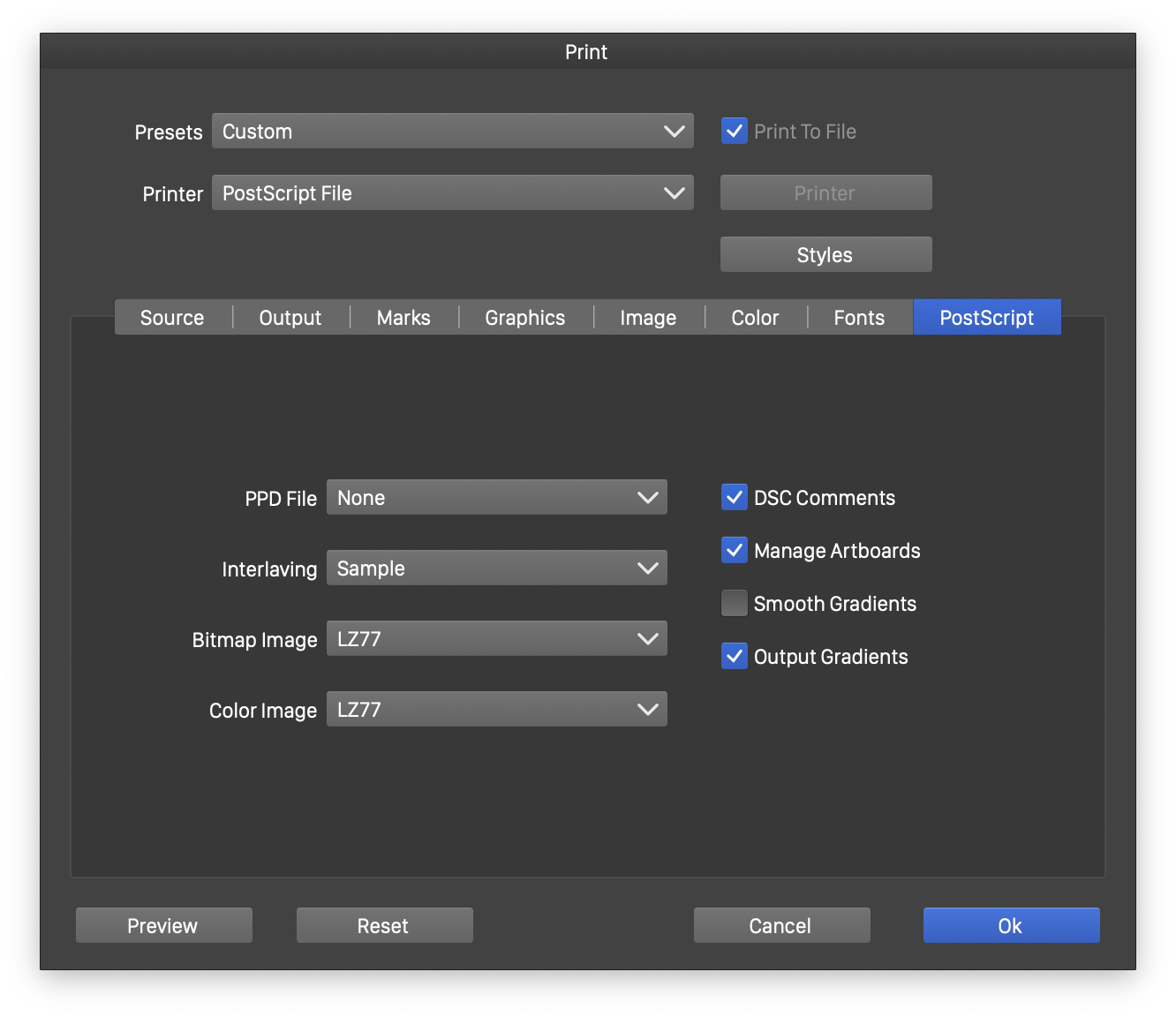 Printing to Postscript